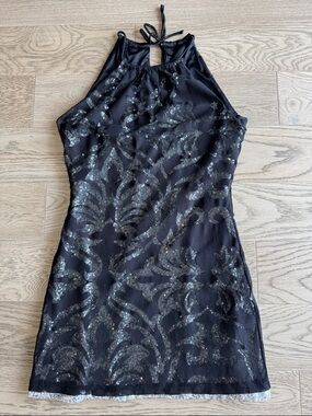 LE CHATEAU Black Halter White Silver Sparkly Sequin Mini Dress Small